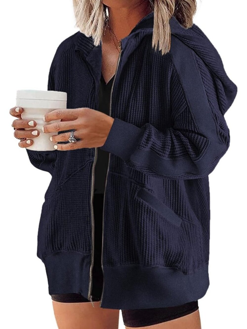 Eytino Plus Size Zip Up Hoodies for Women Oversized Waffle Knit Sweatshirt